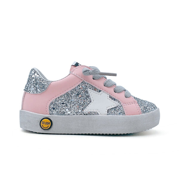 White stars - Pink eyelets - Shining silver shoe handles - Children's shoes