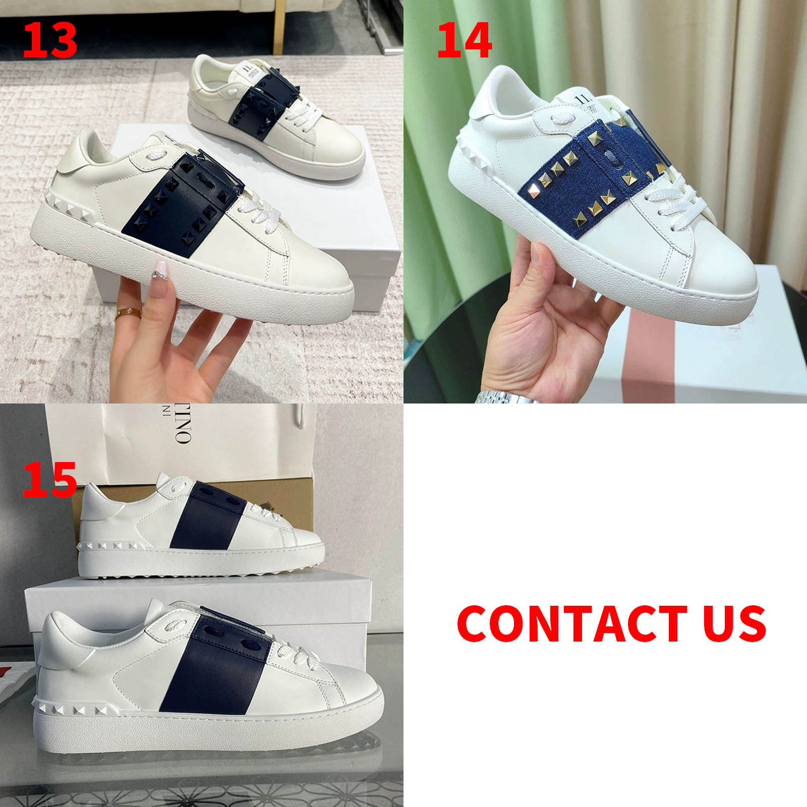 Rockstud Striped Leather Sneakers For Men Women, 15 Colors Luxury Casual Low Top Trainers - 图片 3